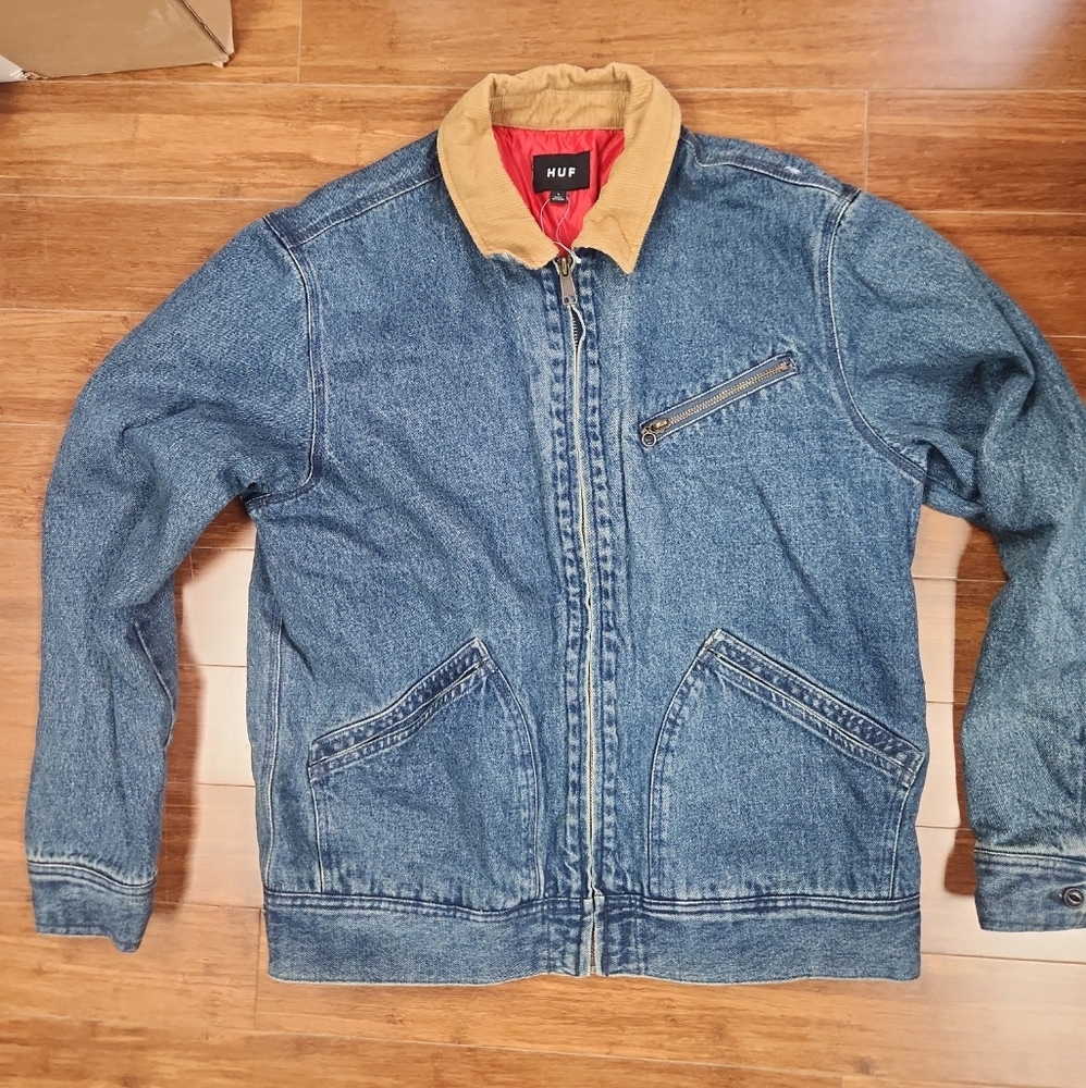 HUF Beuh Blue Jean Denim Corduroy Embroidered Cotton Sz L Mens Jean Jacket EUC
